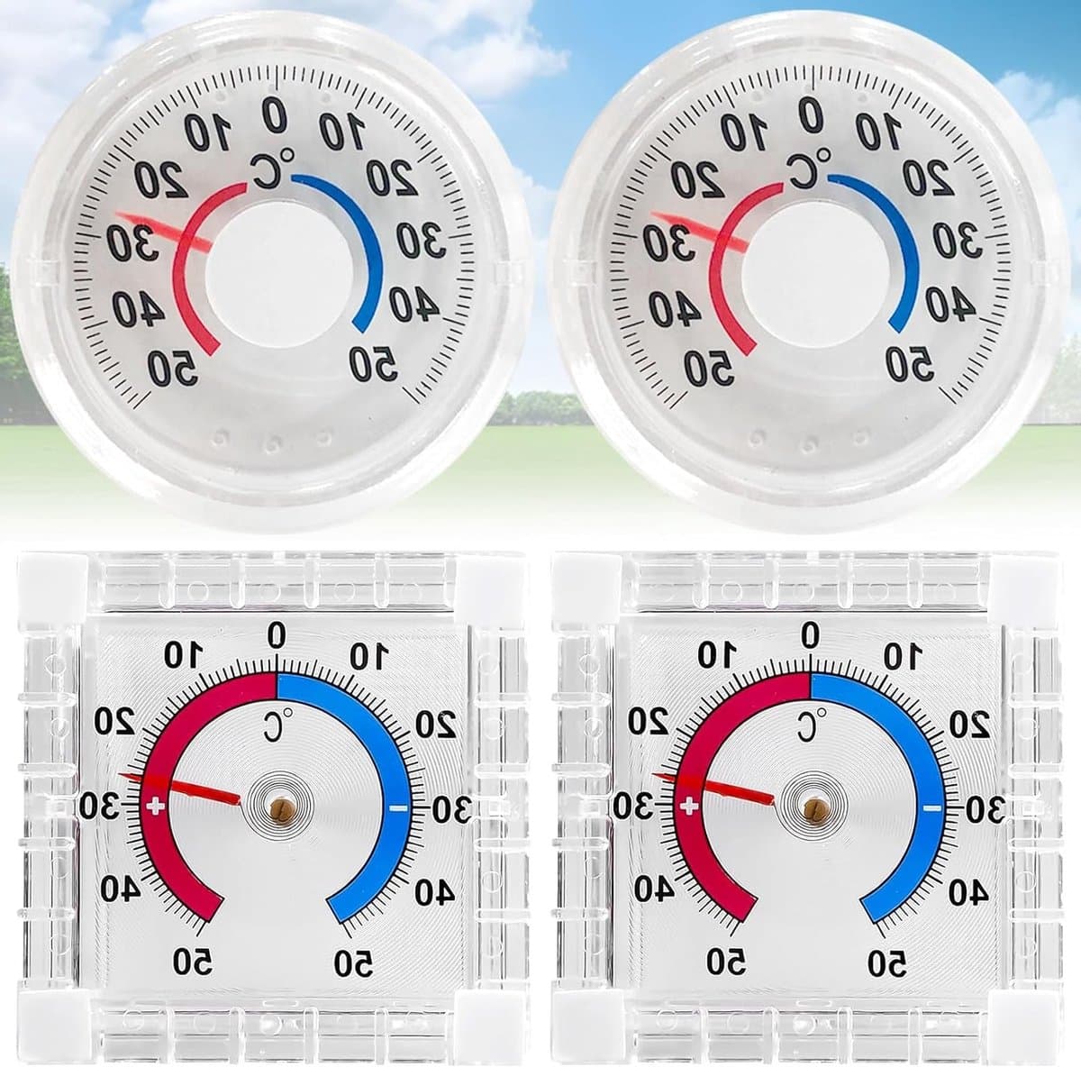 Set van 4 Zelfklevende Venster- en Deurthermometers voor Buiten, Transparante Analoge Thermometer, Weerbestendige Temperatuurmeter — afbeelding 1