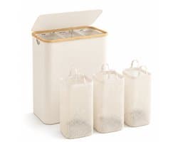 BOTC Wasmand 3 Vakken - Wassorteerder - 160L Capaciteit - Met 3 blanco etiketten - Bamboe Wasmand met Deksel - 75*57*37cm - Crème wit — afbeelding 1