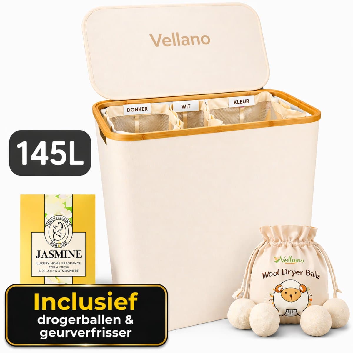 Vellano Wasmand 3 Vakken – Wassorteerder met Deksel – 145L – 3 Uitneembare Waszakken – Bamboe Frame – Incl. Drogerballen & Jasmijn Geurverfrisser — afbeelding 1