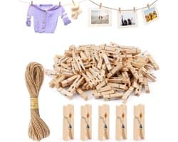 Houten Kledingknijpers 3,5 cm met 10 m Jute Touw - Herbruikbare Mini Klemmen voor Kleding, Foto's en Handwerk
