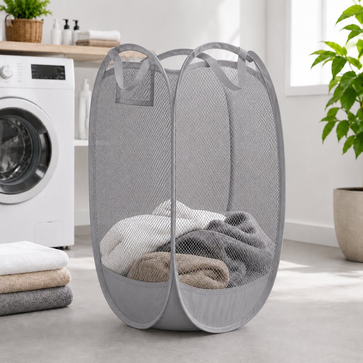 HEM Inklapbare Wasmand 64L – Opvouwbare Waszak – Mesh Laundry Bag met Pop-up Frame – Grijs – Inclusief HEM Microvezeldoekje — afbeelding 1