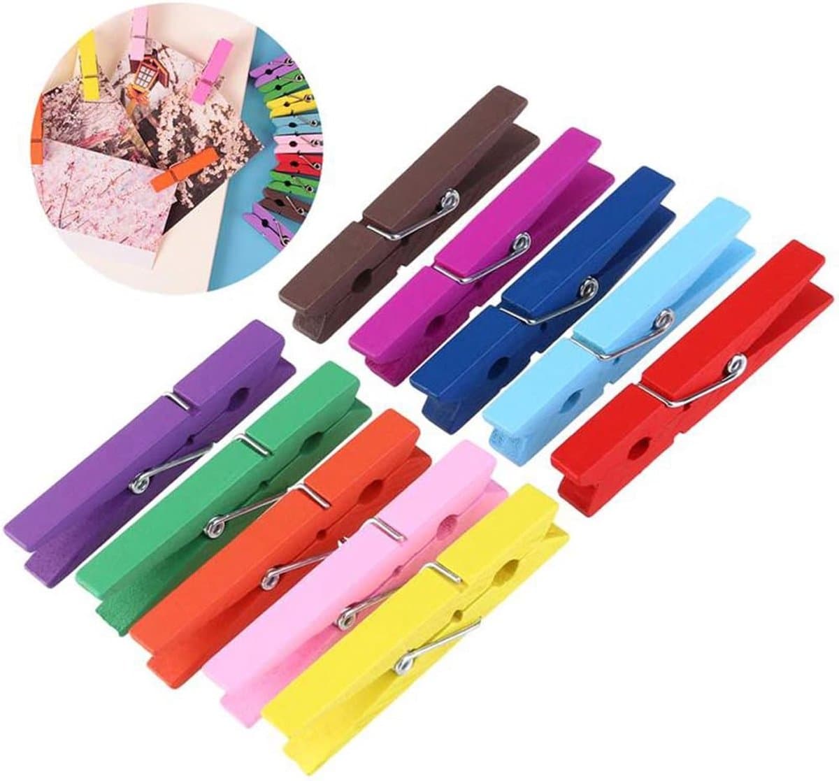 Houten Wasknijpers - Kledingknijpers Foto Clips - Kleding Drogen - Natuurlijk Hout - 7.4 cm - Gekleurd — afbeelding 1