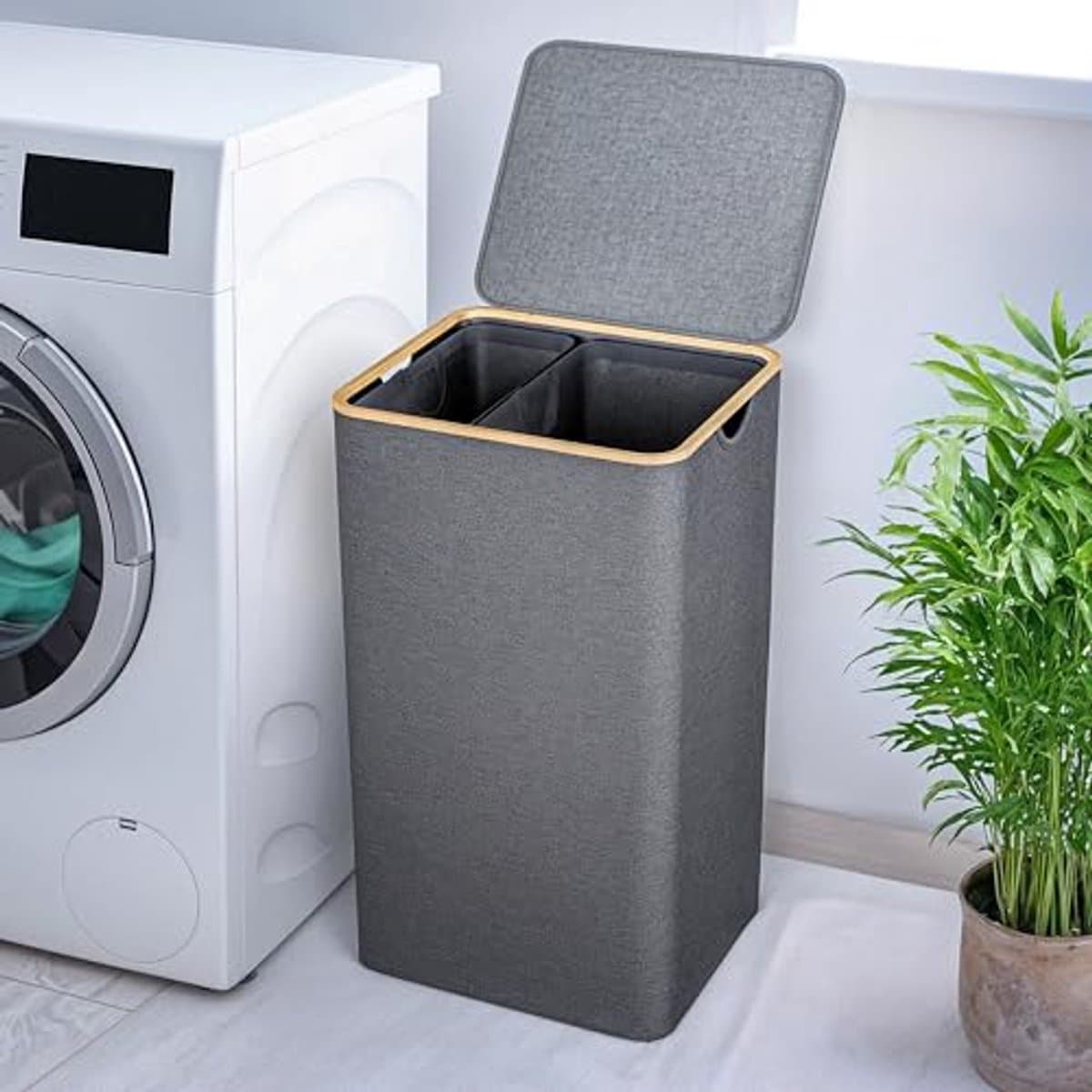 Wasmand met Deksel en 2 Vakken - 100L Grijs - Smal & Hoog - Wasverzamelaar met Bamboeframe — afbeelding 1