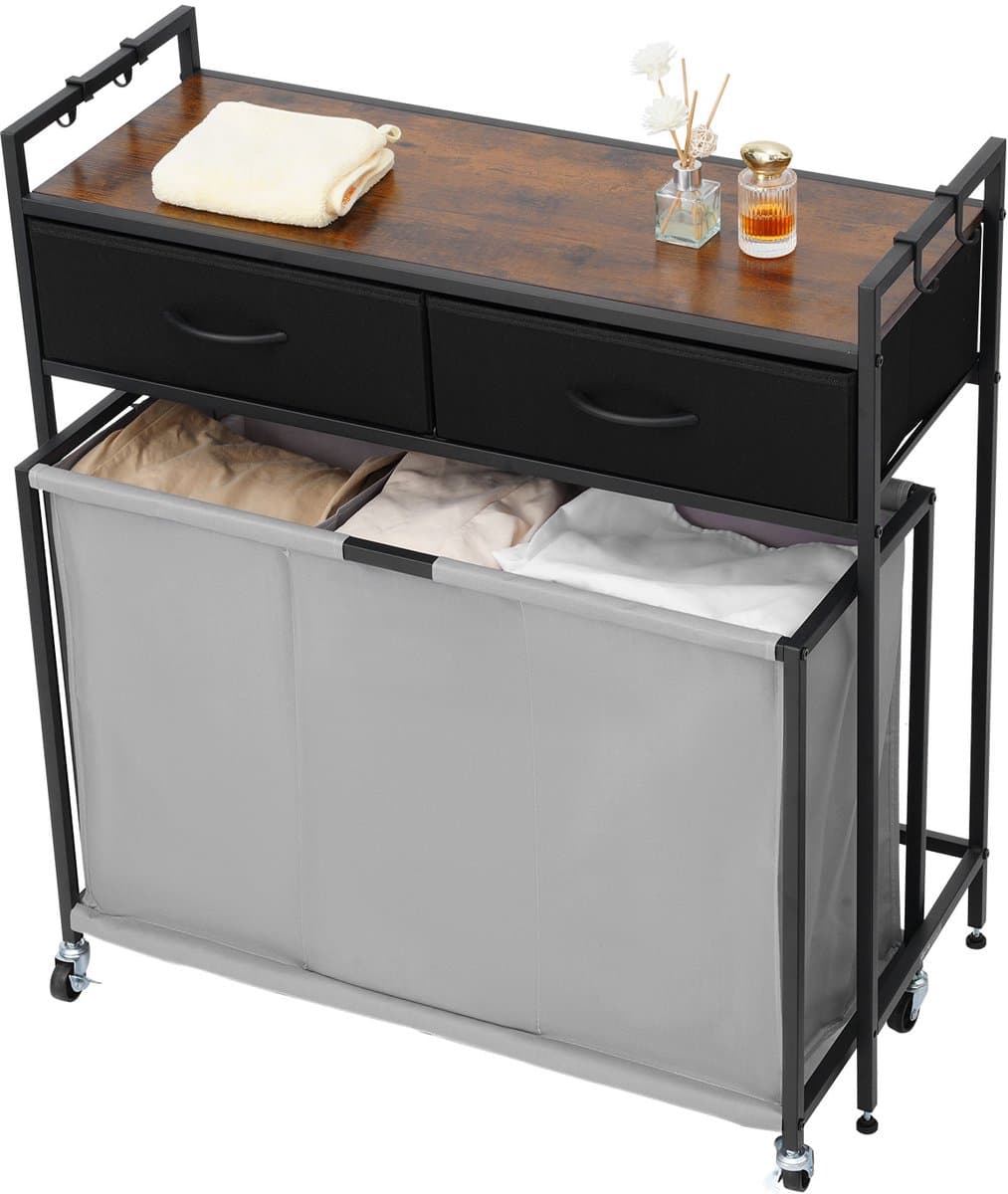 Wasmand van 3 Secties, met Wielen, Organisator met Uittrekbare Zakken, Laden, Haken en Houten Top voor Kleding en Badkameropslag — afbeelding 1