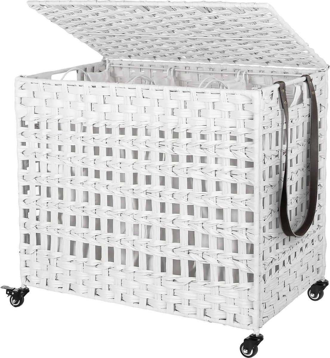 Wasmand met de hand gevlochten, wasmand van polyrotan, met 3 vakken, deksel en handgrepen, uitneembare zakken, woonkamer, slaapkamer, waskeuken, wit — afbeelding 1