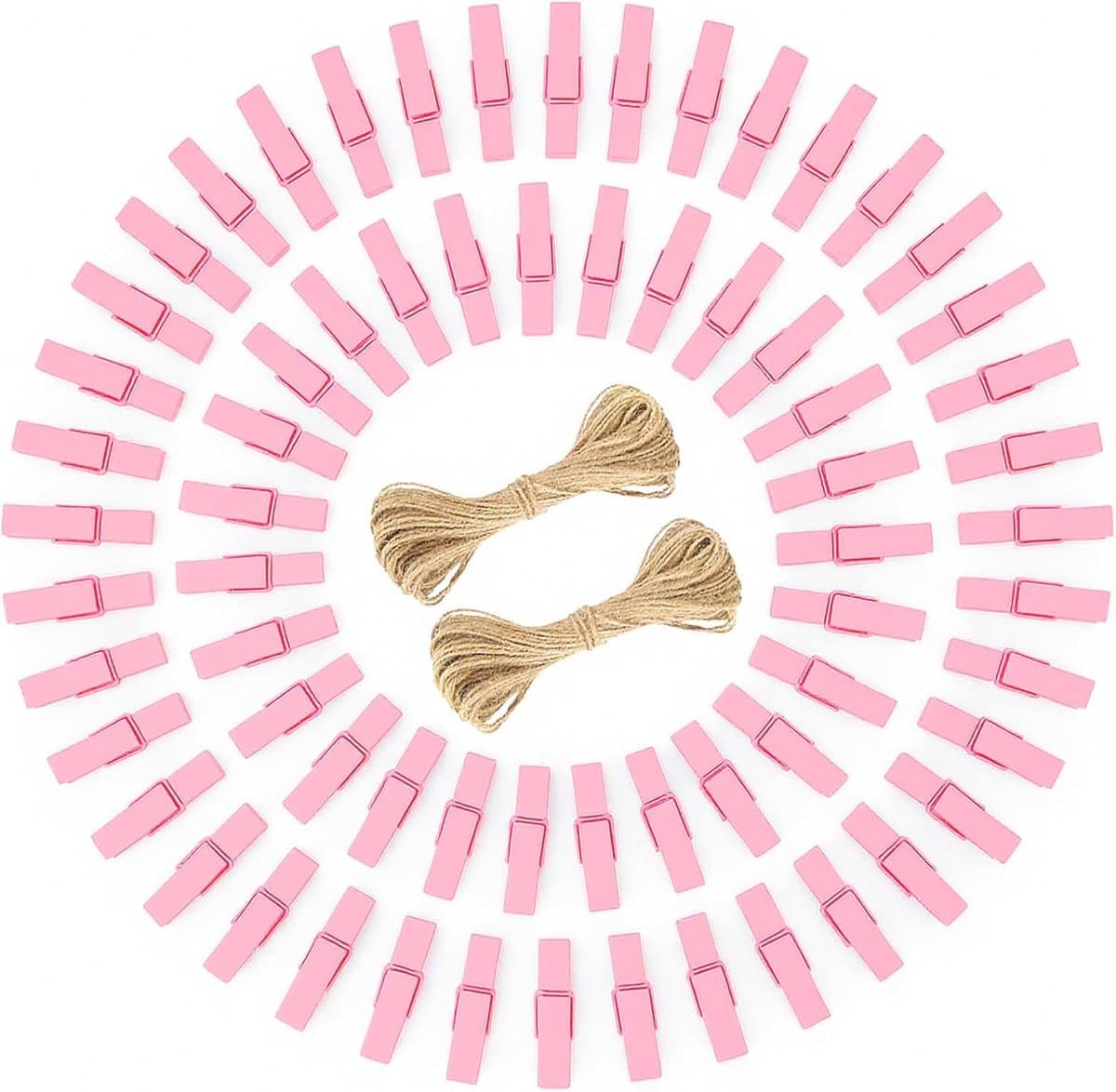 Kleine Houten Wasknijpers Roze - 100 Stuks Fotoklemmen met Jute Touw voor Knutselen — afbeelding 1