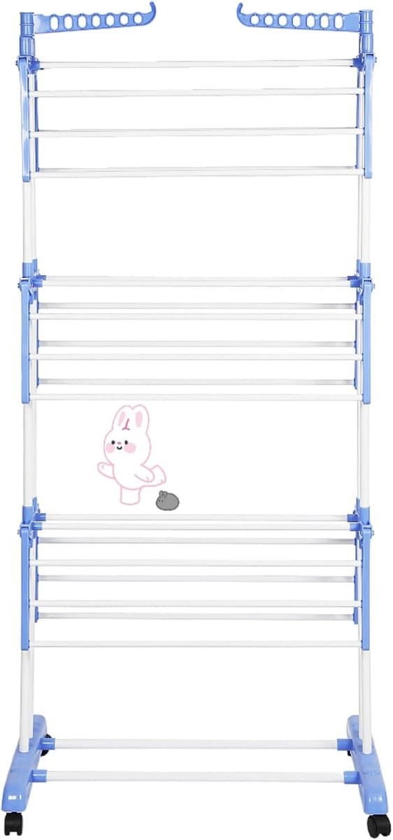 Inklapbaar Droogrek 3 Verdipngen met Wielen - Groot Formaat 75x64x170 cm - Ideaal voor Binnen en Buiten - Blauw/Wit — afbeelding 1