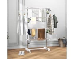 Mobiele Droogrek met Wielen - 4 Niveaus, Opvouwbaar, Roestvrij Staal, Roestbestendig - Wit en Zilver