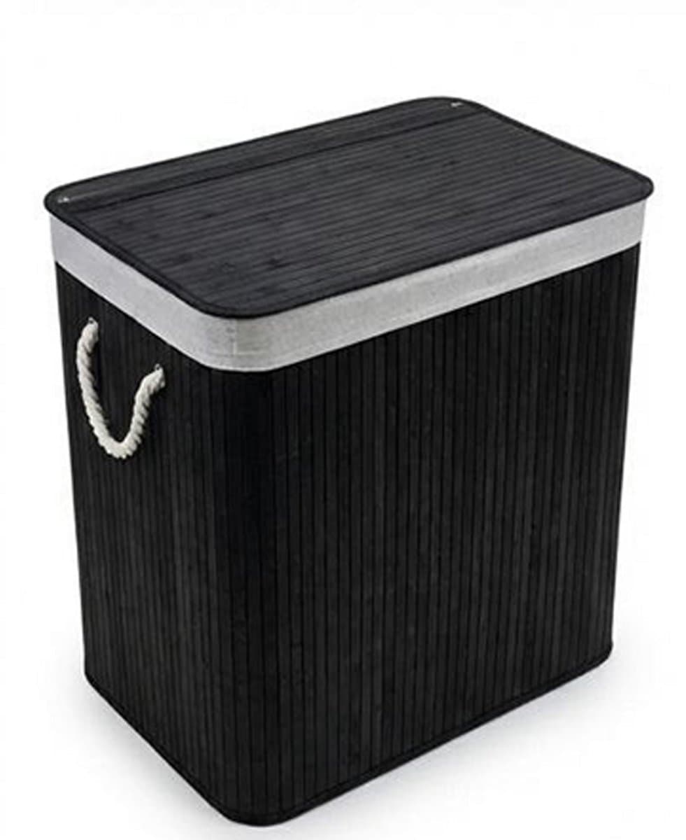 Wasmand, 150L, wasbox met deksel, wassorteermachine, van bamboe, met handvatten, 3 compartimenten, opvouwbaar, katoen, waszak machinewasbaar, wasruimte, Zwart — afbeelding 1