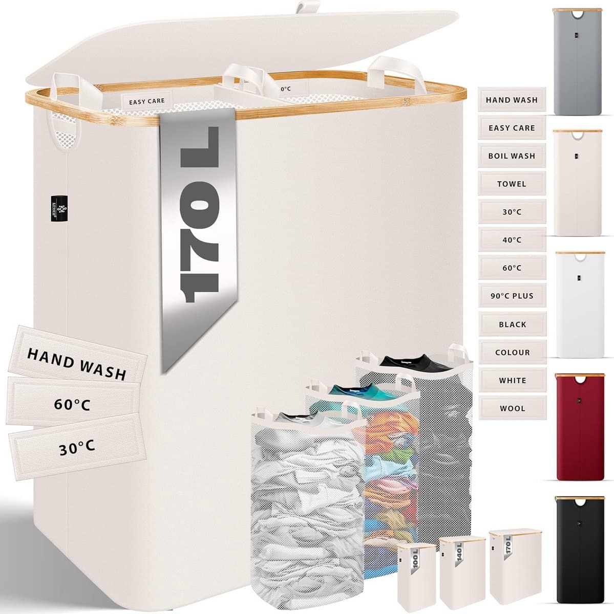 Wasmand met deksel en 3 uitneembare waszakken, 2 vakken, opvouwbaar, 170 liter, wasbox, wassorteerder — afbeelding 1