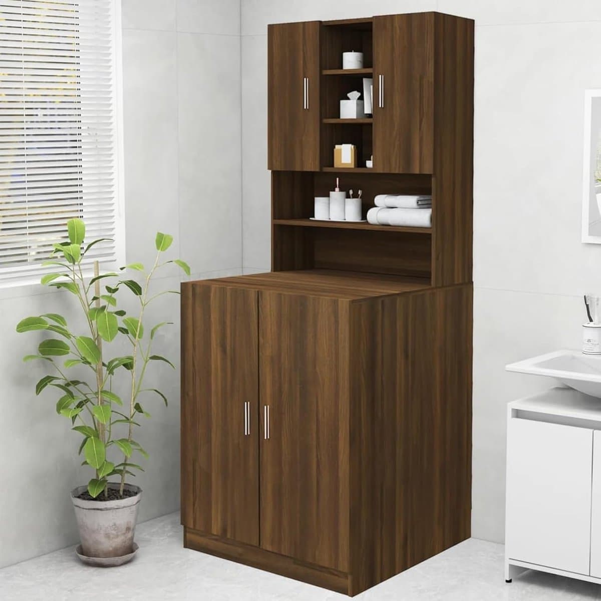 Wasmachine Kast - Opbergkast Badkamer - Huishoudelijke Organisatie - Veel Opbergruimte - 70x25x90 cm - Eiken Bruin — afbeelding 1