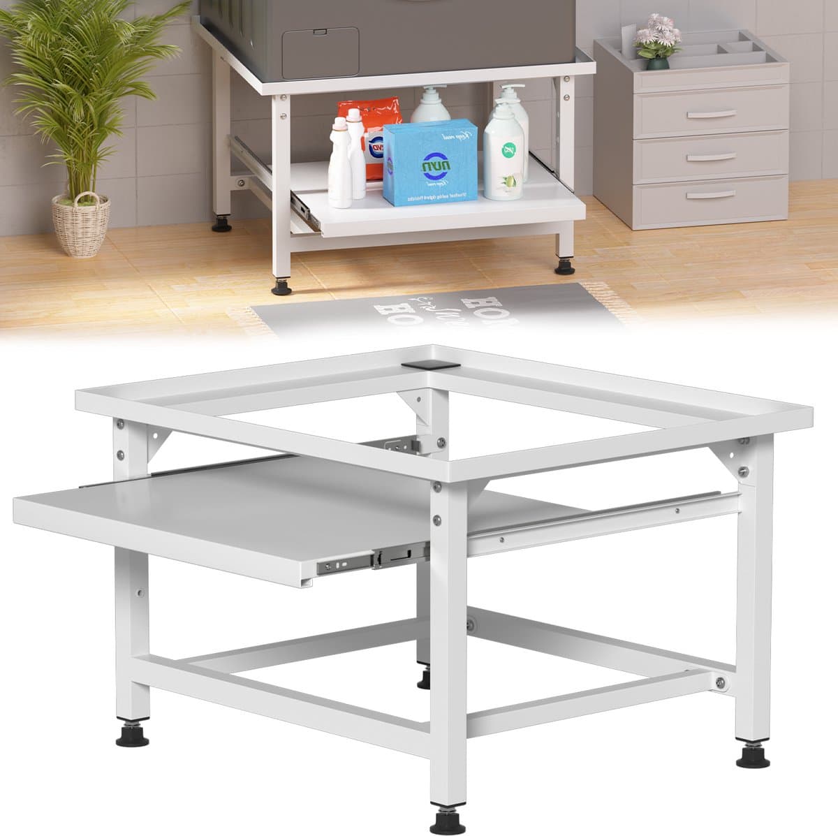 Wasmachine opbouwmeubel Wit 150 kg belastbaar - 63x54x42cm - Wasmachine Verhoger Met uittrekbaar rek — afbeelding 1