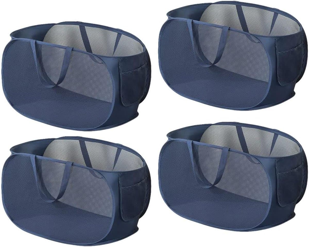 Opvouwbare wasmand, wasverzamelaar, opbergmand, 4 stuks mesh-manden, inklapbaar, lichte draagbare grote containers, opslag met handgreep, zijvak voor wasgoed, speelgoed (donkerblauw) — afbeelding 1