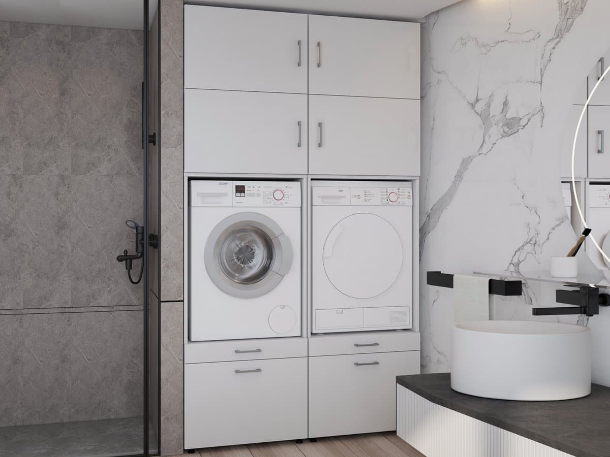 MOBISTOXX Wasmachine Kast - Set van 2 - Wasmachine Verhoger - Wasmachine Ombouw - 135 cm x 67 cm x 233 cm (B x D x H) - Met Lade Voor Wasmand - Voor Wasmachine en Droogkast - Extra Kastruimte Boven - Wit — afbeelding 1