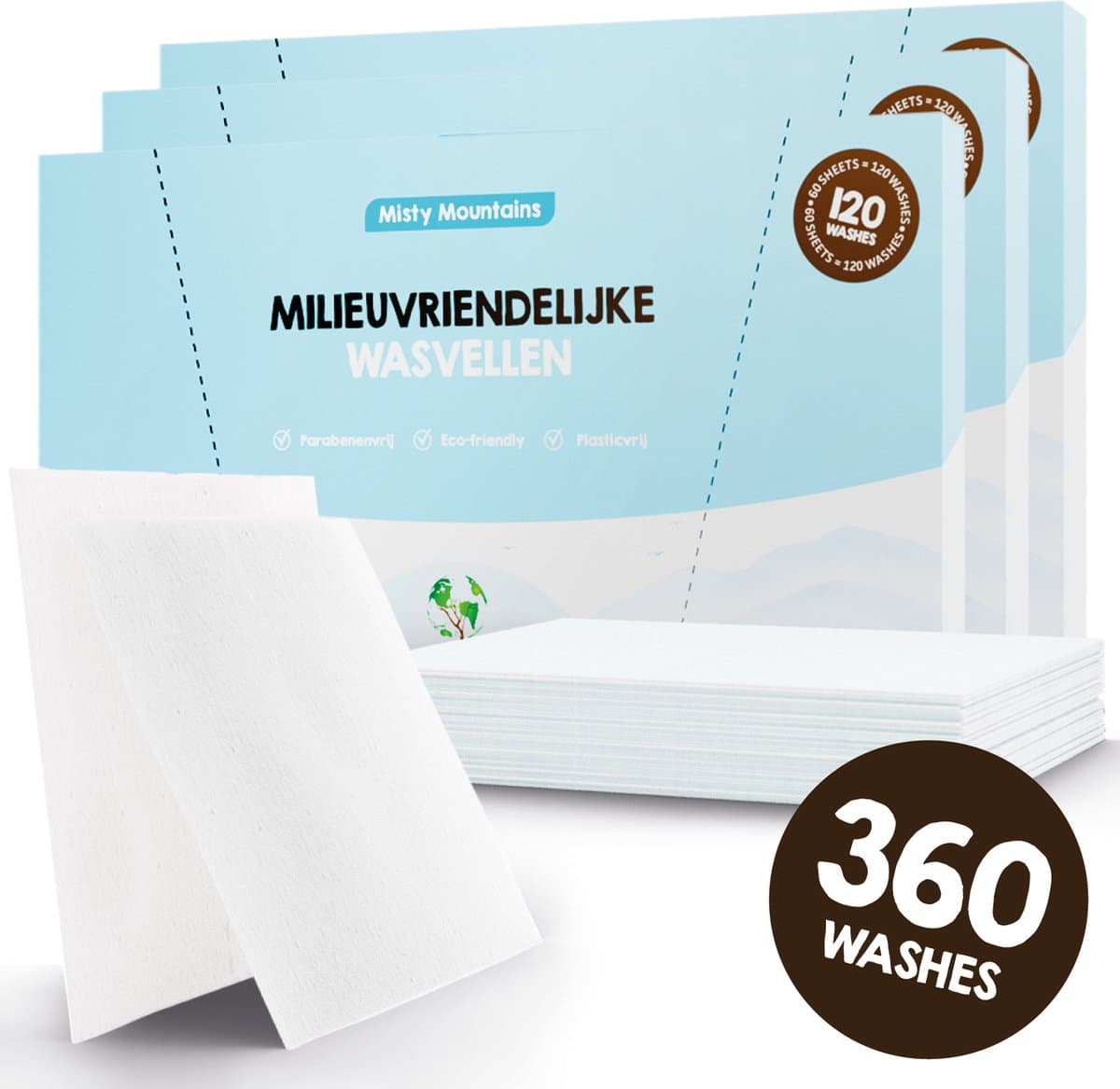 Mr. Green Mind Wasstrips ECO 360 Wasbeurten fris Misty Mountains Wasmiddel Milieuvriendelijke Wasstrips Wasmiddel Voordeelverpakking incl. wasverzachter — afbeelding 1