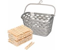 Wasknijpers mandje met ophanghaak - zilver - gevuld met 100x houten wasknijpers van 7 cm - was ophangen — afbeelding 1