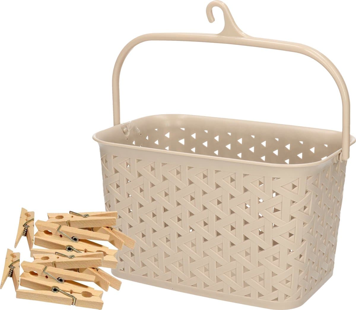 Wasknijpers mandje met ophanghaak - beige - gevuld met 96x houten wasknijpers van 7 cm - was ophangen — afbeelding 1