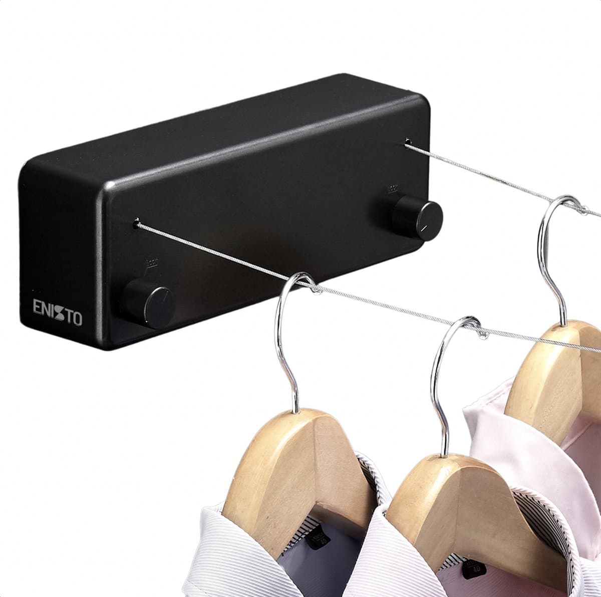 ENISTO® Waslijn - Uittrekbare waslijn - Dubbele lijn - 8,4 meter (2 x 4,2 meter) - Zwart - Alternatief droogrek - Wanddroogrek - Waslijndraad uittrekbaar - Roldrooglijn - Wasdraad - Ruimtebesparend - Met of Zonder boren — afbeelding 1