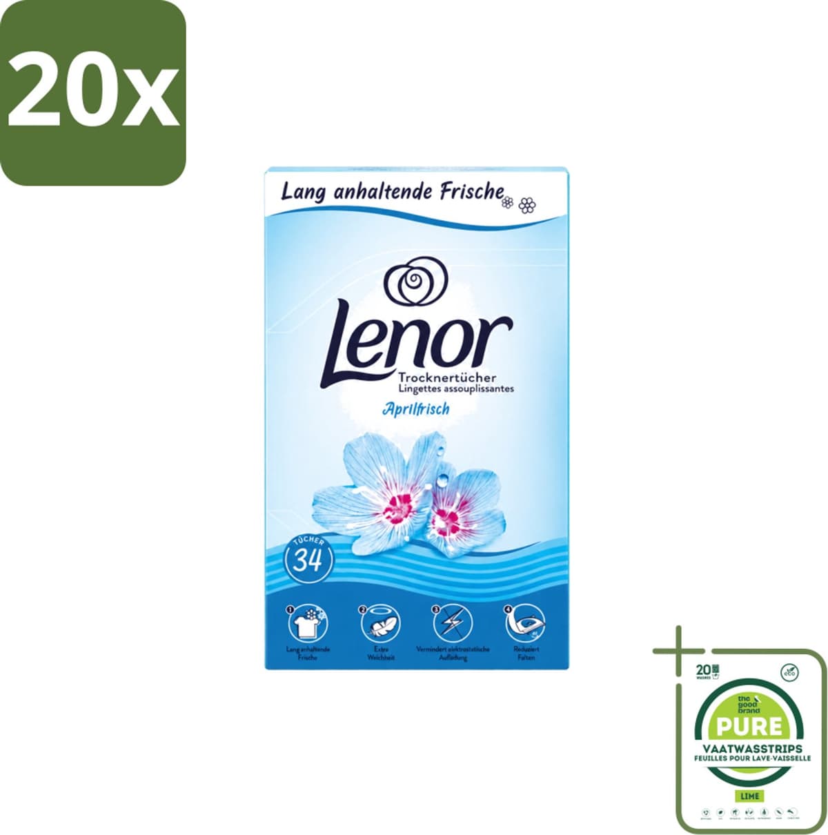 20 x Lenor - Droogtrommeldoekjes - Aprilfris - Textielverfrisser - 34 Doekjes - Grootverpakking - Vaatwasstrips - Droogtrommeldoekjes - Frisheid - Wasdoekjes - Statische Elektriciteit - Wasgoed — afbeelding 1