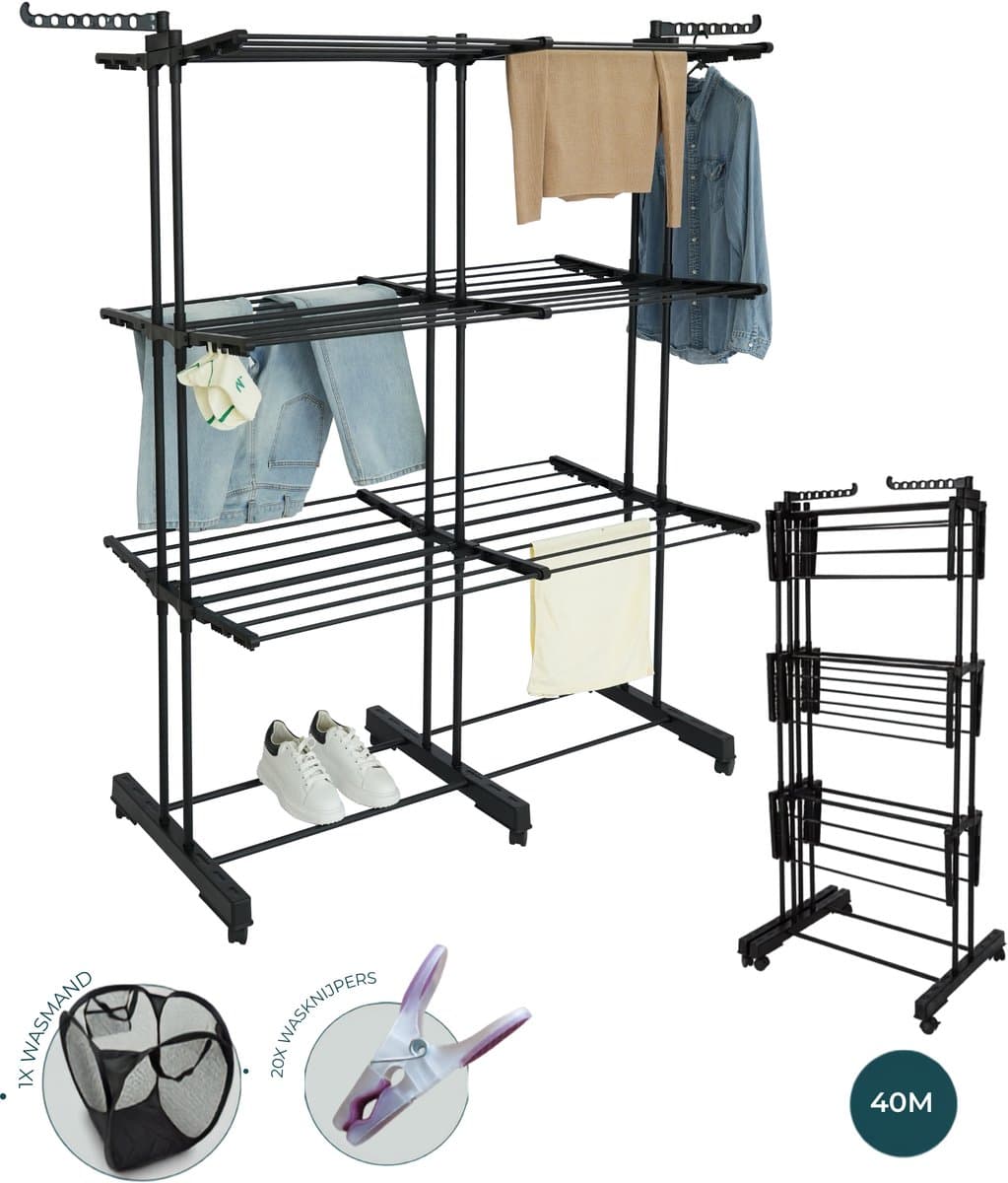 BAUER & MEYER® - Droogrek XL - Wasrek Inklapbaar - 40 Meter drooglengte - Incl. 20 wasknijpers + 1x wasmand - 170 x 134 x 65 cm - Zwart — afbeelding 1