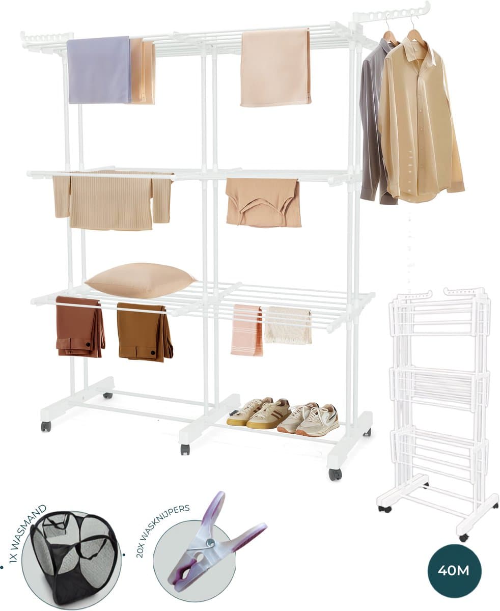 BAUER & MEYER® - Droogrek XL - Wasrek Inklapbaar - 40 Meter drooglengte - Incl. 20 wasknijpers + 1x wasmand - 170 x 134 x 65 cm - Wit — afbeelding 1