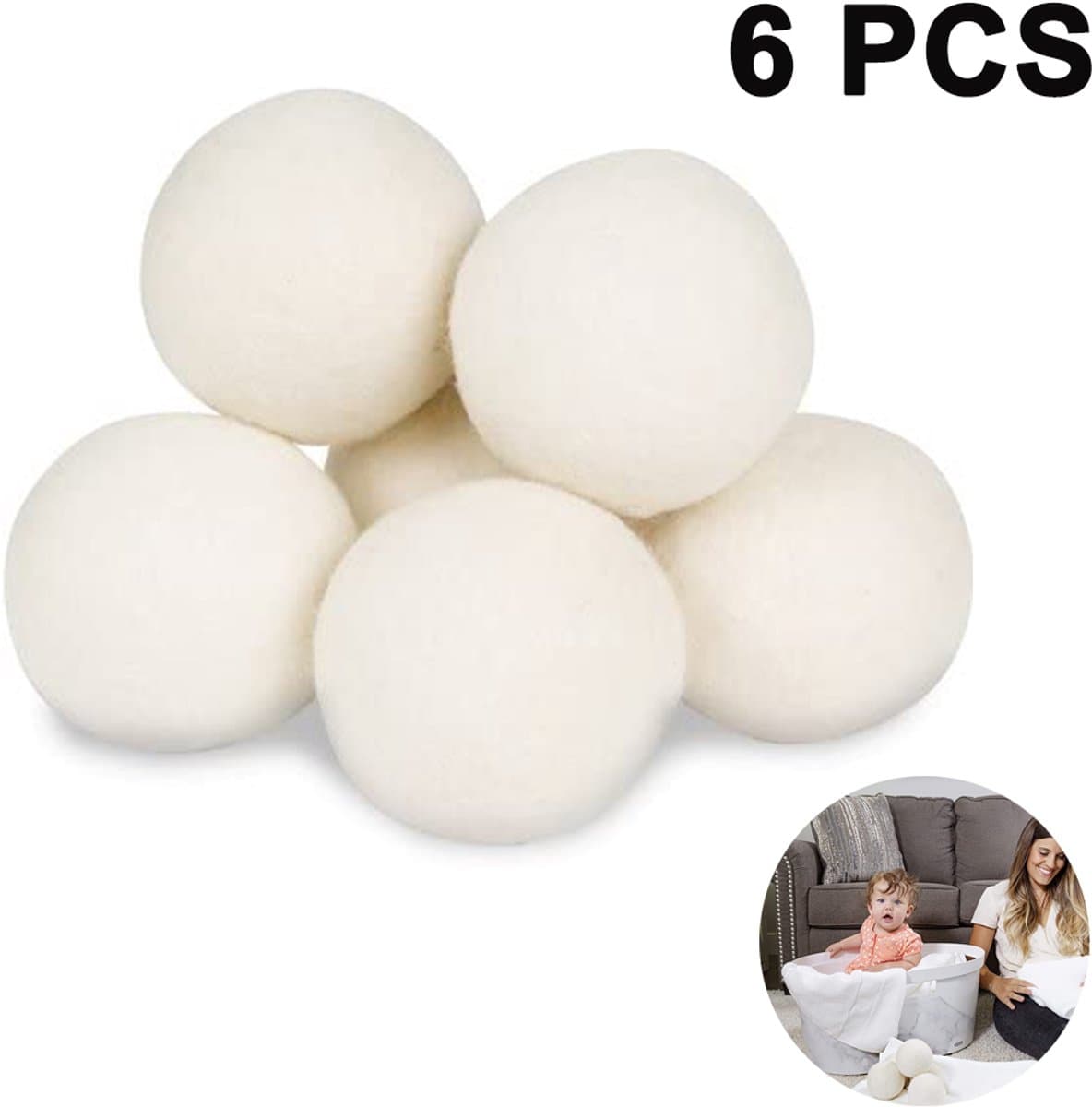 Gigicial Wollen Droogballen - Droogballen - Sneller Drogen & Zachtere Kleding - 6 Stuks - Voor Wasruimte Wit — afbeelding 1