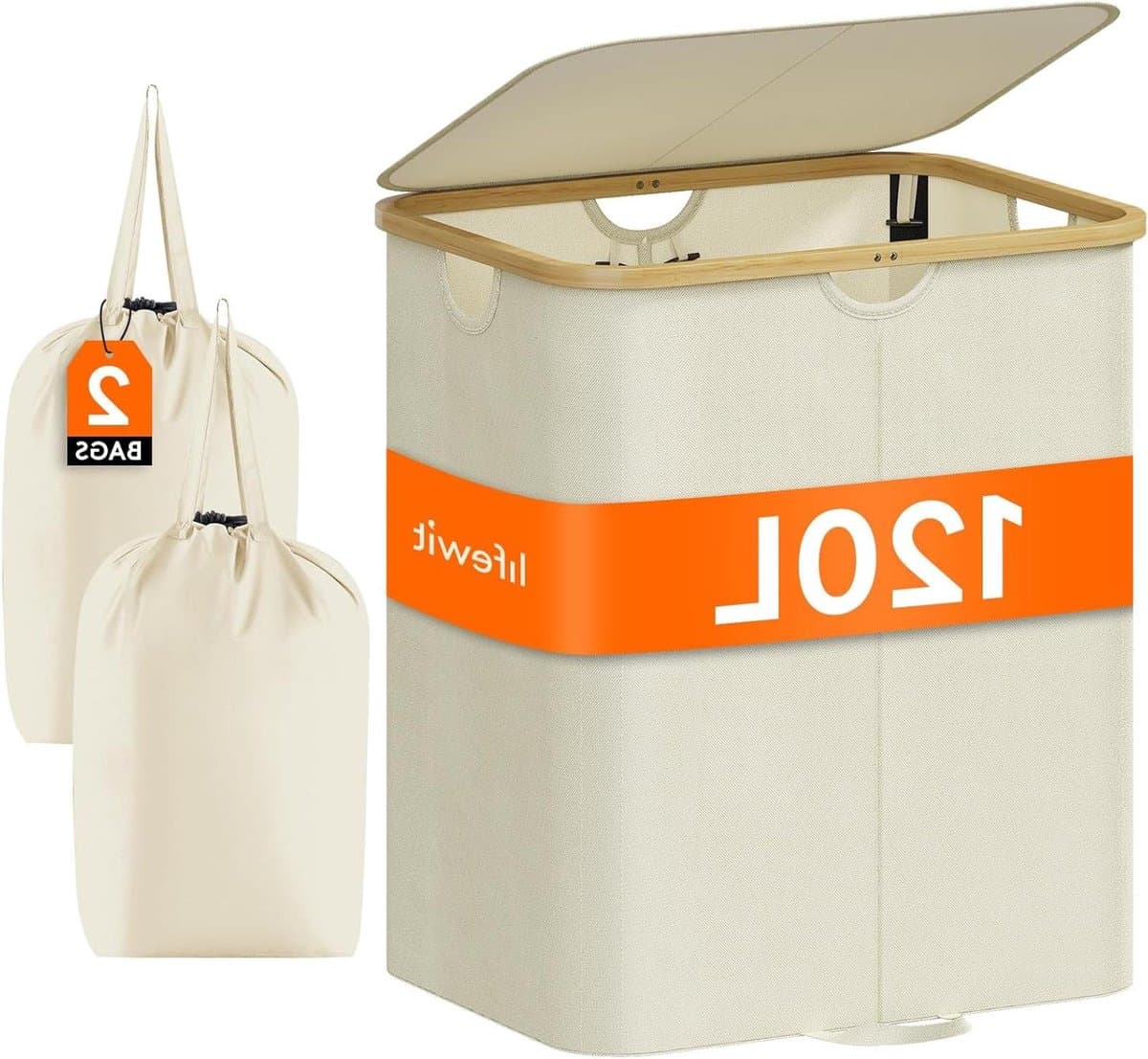 VVGoods - Grote Opvouwbare Wasmand met Deksel en Bamboe Handvatten, Uitneembare Waszak, 120 Liter - Voor Slaapkamer, Badkamer, Waskamer - Beige Kleur — afbeelding 1