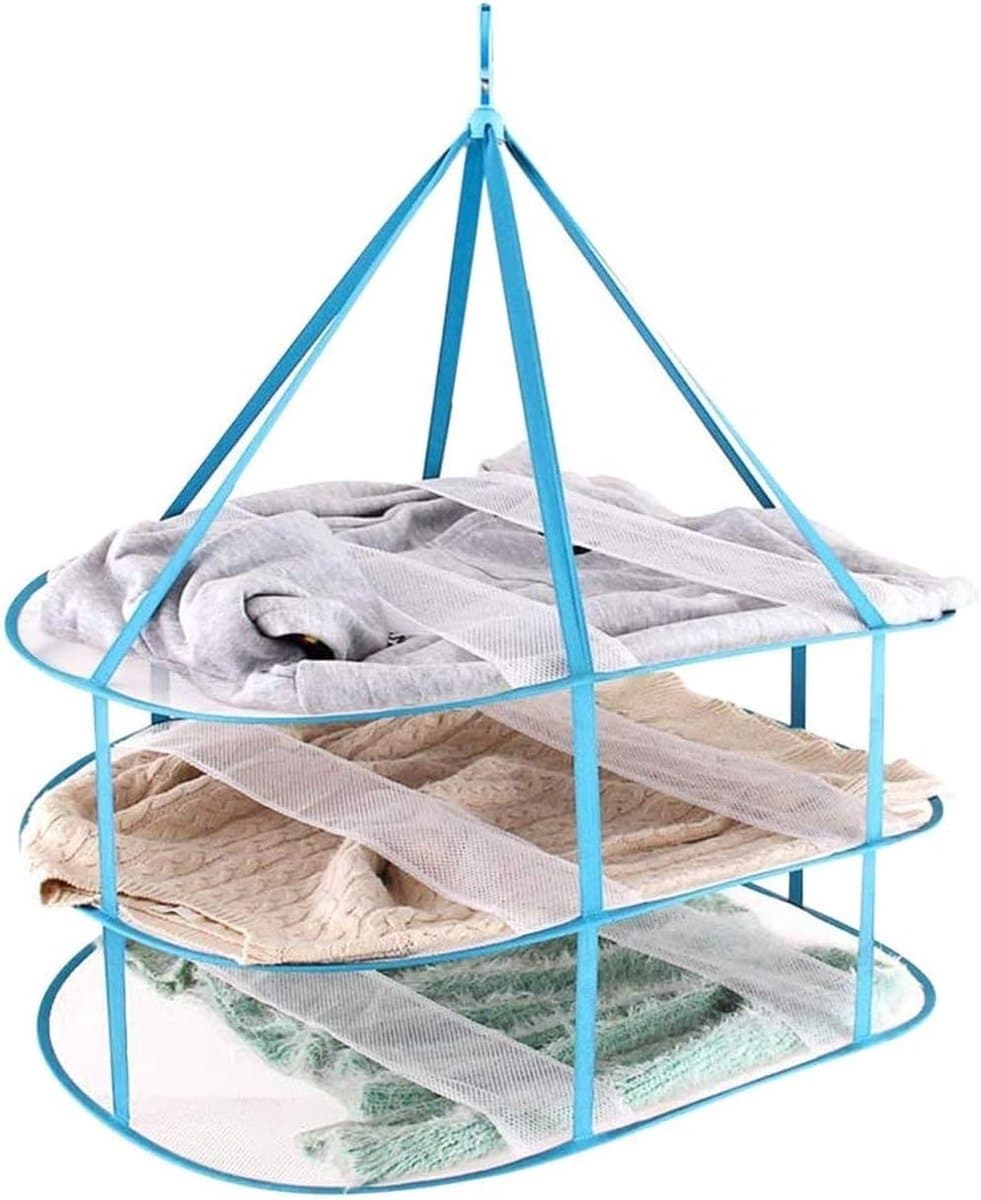 Vouwbare Winddichte Mesh Mand - 3 Niveaus voor Het Drogen van Truien - Blauwe Textielnet — afbeelding 1