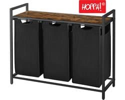 Hoppa! Wasmand - 3 Vakken - Vintage Bruin-Zwart - Inclusief Uitschuifbare Waszakken - 92,5 x 33 x 72 cm (B x D x H)