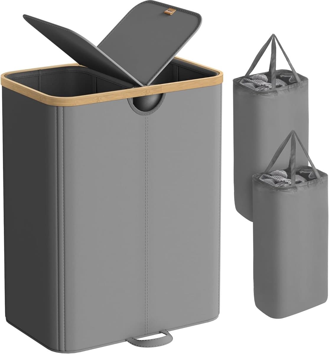 SONGMICS - Wasmand met 2 compartimenten - wasverzamelaar - 150 liter - hoogte 75 cm - wassorteerder met deksel, waszak, uitneembare waszakken - grijs — afbeelding 1