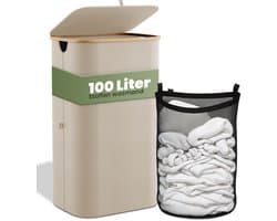 Nince Wasmand - 1 Vak - 100L - Met Deksel - Wassorteerder - Uitneembare Waszakken - Bamboe - Opvouwbaar - Beige