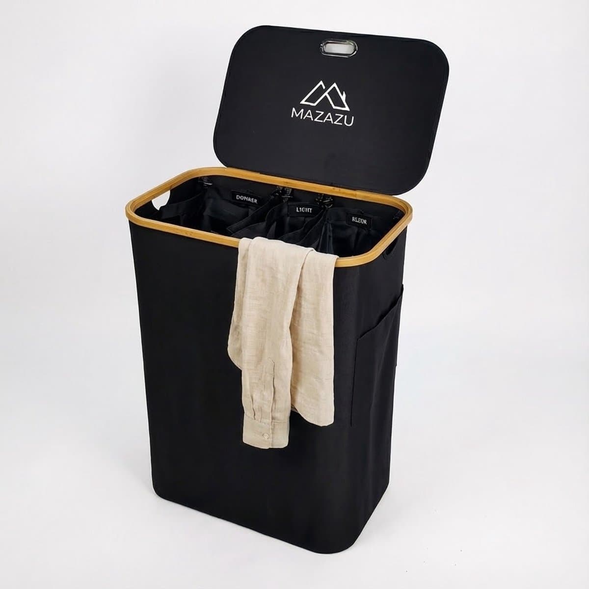 MAZAZU Wasmand met 3 Vakken - 150 Liter - Zwart & Bamboe - Wassorteerder met Deksel - Uitneembare Waszakken - Incl. Labels & Zijvak — afbeelding 1