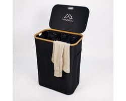 MAZAZU Wasmand met 3 Vakken - 150 Liter - Zwart & Bamboe - Wassorteerder met Deksel - Uitneembare Waszakken - Incl. Labels & Zijvak