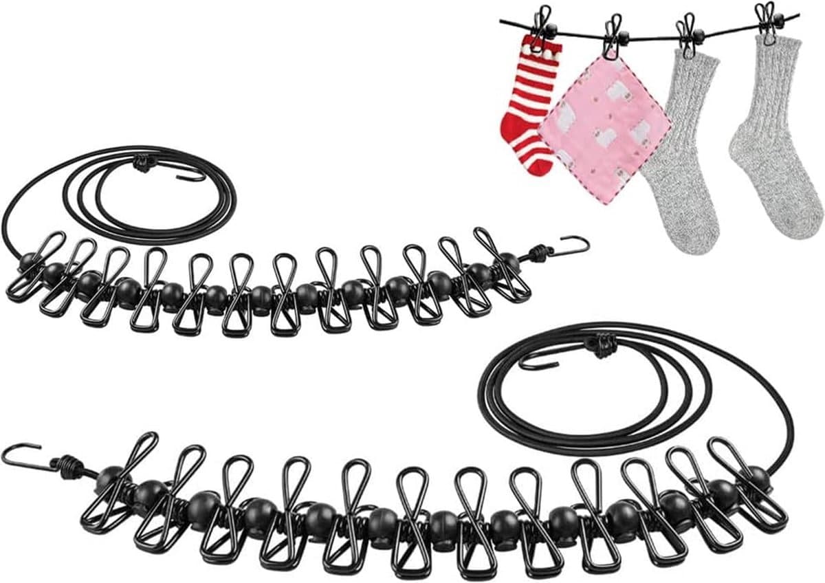 2 stuks 1,8 m waslijn, flexibele draagbare waslijn, reiswaslijn, waslijn met 12 clips en positioneringsgesp, voor reizen, vakantie, outdoor camping (zwart) — afbeelding 1