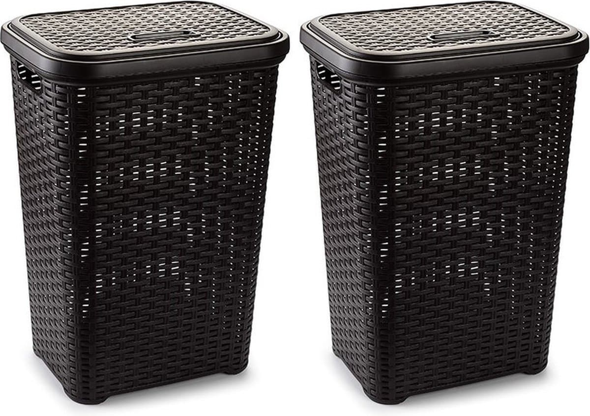 Plasticforte Wasmand met deksel - 2x stuks - 60 liter - donkerbruin - rotan - kunststof - L35 x B43 x H62 cm — afbeelding 1