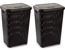 Plasticforte Wasmand met deksel - 2x stuks - 60 liter - donkerbruin - rotan - kunststof - L35 x B43 x H62 cm