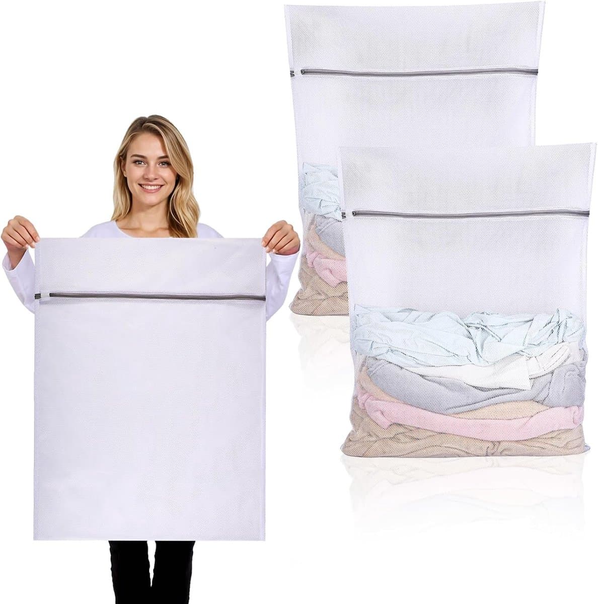 SnelShoppen - 2Pcs Wasnet Groot 60x80cm Waszak voor Wasmachine, Herbruikbare Waszak met Rits voor Kleding, Shirts, Truien, Jassen, Broeken (XXL, Wit) — afbeelding 1