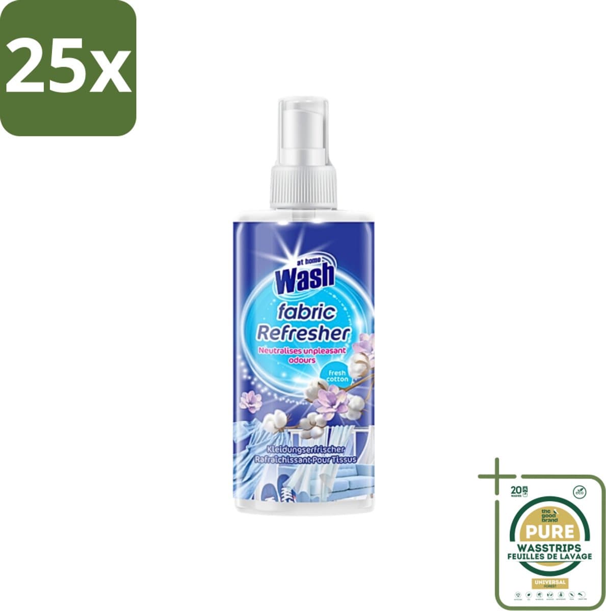 25 x At Home - Wash - Textielverfrisser - Fresh Cotton - Neutraliseert Onaangename Geuren - 300 ml - Grootverpakking - Textielverfrisser - Katoengeur - Geur Neutraliseren - Kleding Verfrissen - Stoffen Verfrissen — afbeelding 1