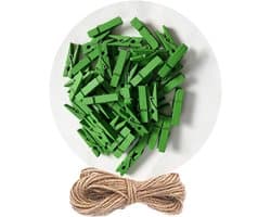 Houten Wasknijpers - Mini Clips - Foto's Ophangen - Met Jute Touw - 50 stuks - Groen