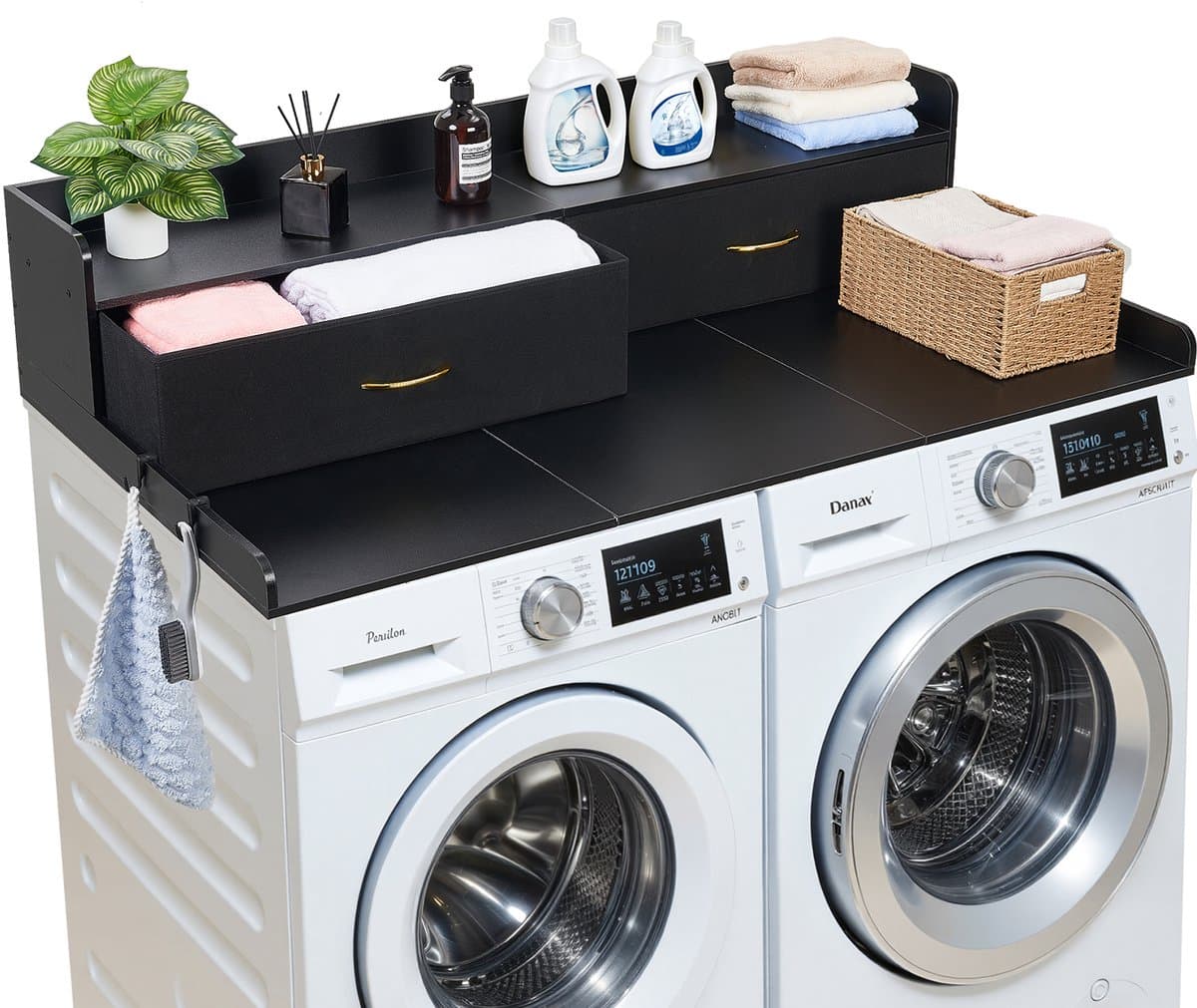 VEVOR Wasmachine en Droger Bovenplaat Met Schap, 137 X 69,9 cm Houten Wasserschotel en Drogerschotel met 2 Laden & Hooks, Wasmachine Bovenplaat voor Waskast, Pantry Bovenplaat voor Organisatie en Opslag, Zwart — afbeelding 1
