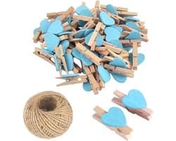 Houten Hart Knijpers - Mini Clips - Foto's Ophangen - Natuurlijk Touw Meegeleverd - 100 Stuks - Lichtblauw