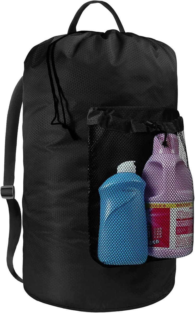 Rugzak Waszak, Wasrugzak met Schouderbanden en Gaasvak Duurzame Nylon Rugzak Kledingmand Zak met Treksluiting voor College, Reizen, Wasserette, Appartement - Zwart — afbeelding 1