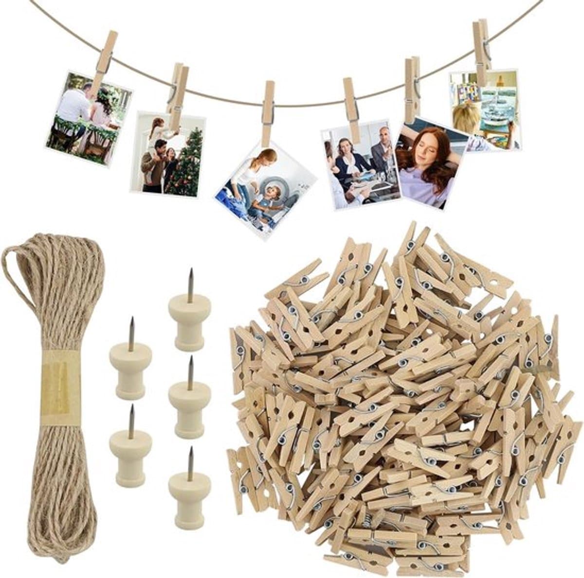 Knijpers Mini 150 Stuks - Houten Knijpers - Decoratieve Klemmen - Henneptouw - I-vormige Spijkers - Lichtgewicht 100 g — afbeelding 1