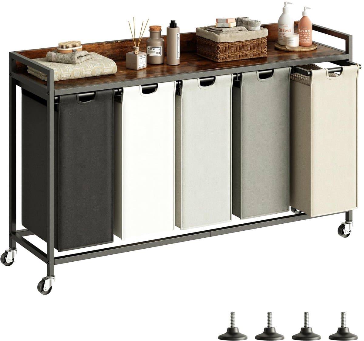 SnelShoppen - Herture Wasmand met Plank, 5 Secties, Wassorteerder met 5 Uittrekbare Zakken, 5 x 60 Liter, Rustiek Bruin, Metalen Frame, Beweegbare Wie — afbeelding 1