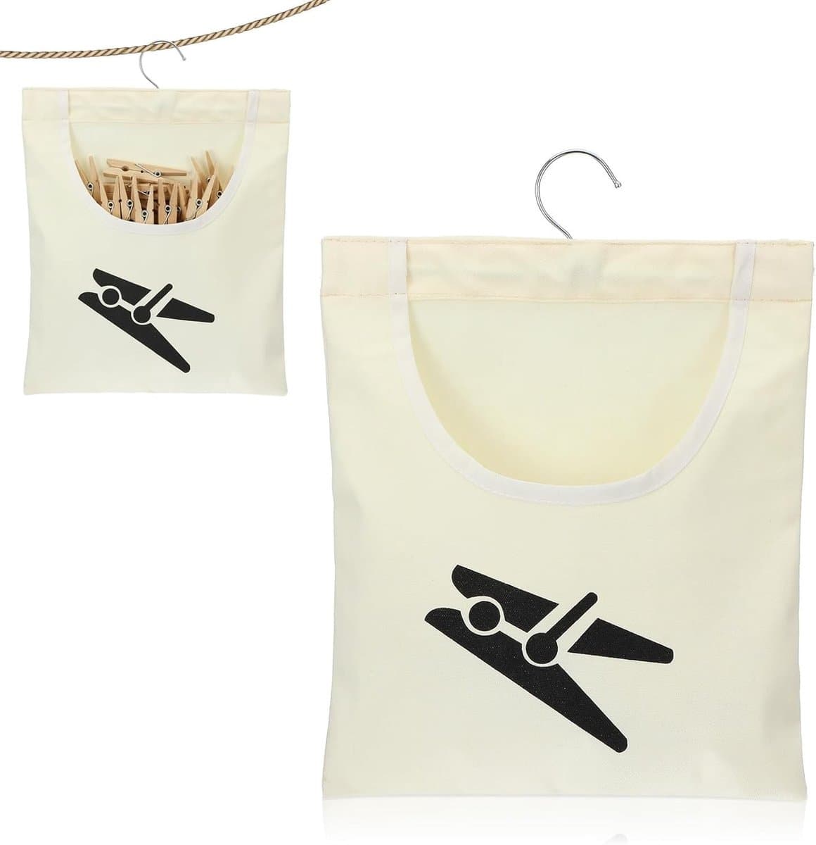 Wasknijperzak - Beige - 35,5 x 26 cm - Duurzaam Canvas met 360° Draaibare Haak - Voor Thuis en Balkon — afbeelding 1
