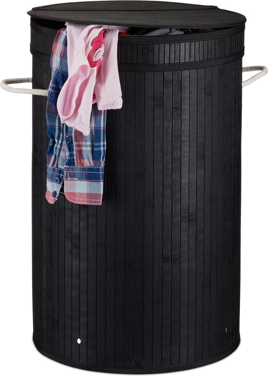 wasmand - 65 l - bamboe - met klapdeksel - handgrepen - opvouwbaar - zwart — afbeelding 1