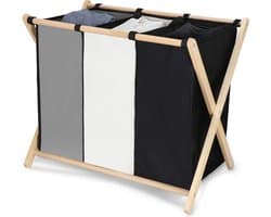Muntel® Wasmand - Opvouwbaar - Beukenhout - Polyester - 3 Vakken - 105 L - Zwart - Grijs - Ecru — afbeelding 1