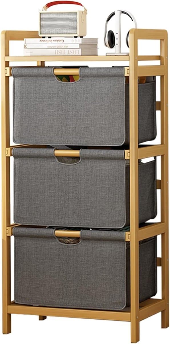 Wasverzamelaar, rek, 3 vakken, stabiele wasmand van bamboehout, sorteersysteem, 45 x 32 x 96 cm, groot, voor badkamer en slaapkamer, wasgoed organizer met stoffen mand — afbeelding 1