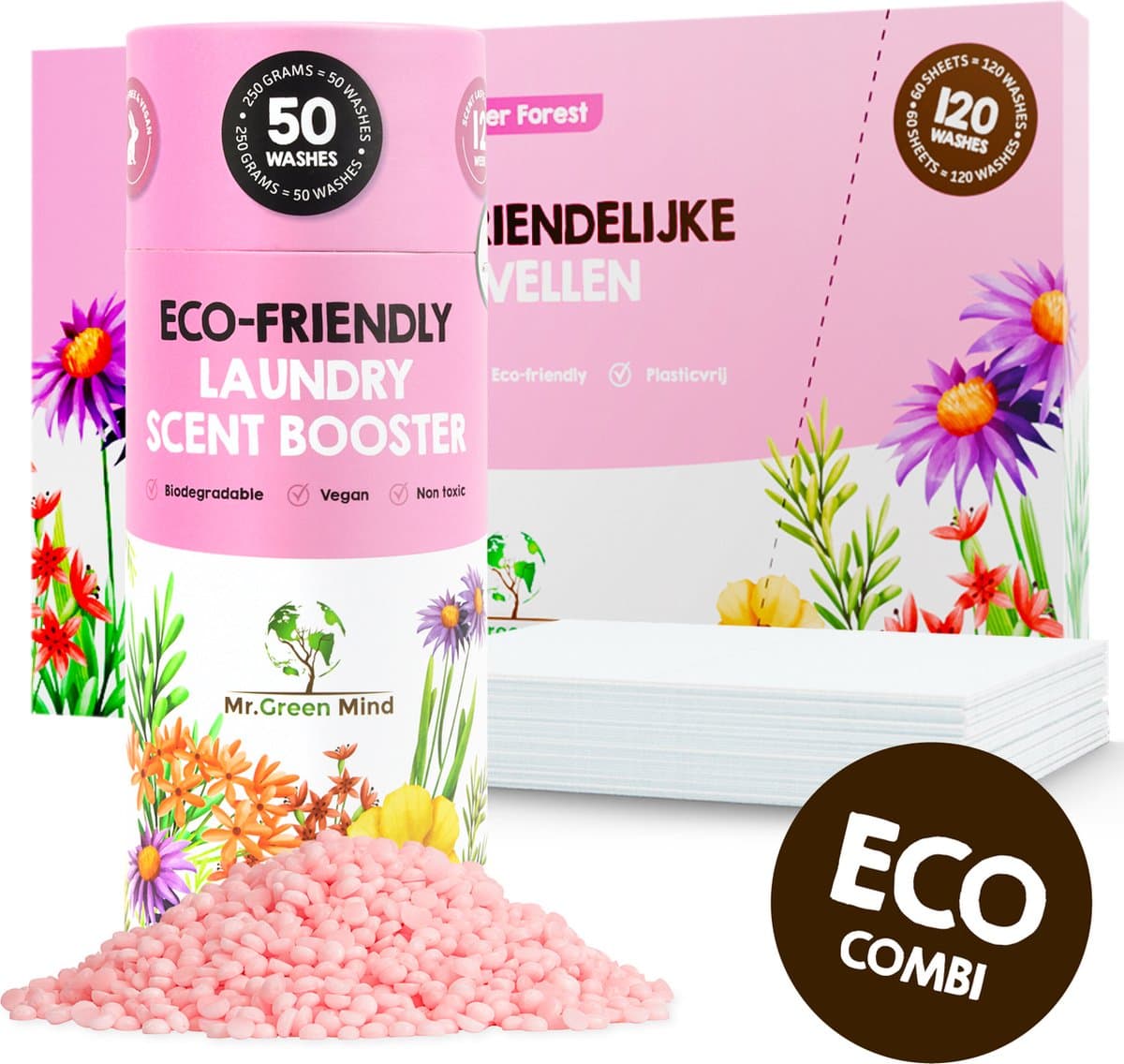 Mr. Green Mind Was combinatie Wasstrips + Wasparels Flower Forest - Wasmiddel - Wasstrips - Wasmiddeldoekjes - Wasparfum proefpakket — afbeelding 1