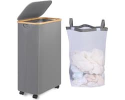 Wasmand met wieltjes - smal - 75 liter - grijs - wasbare binnenzak